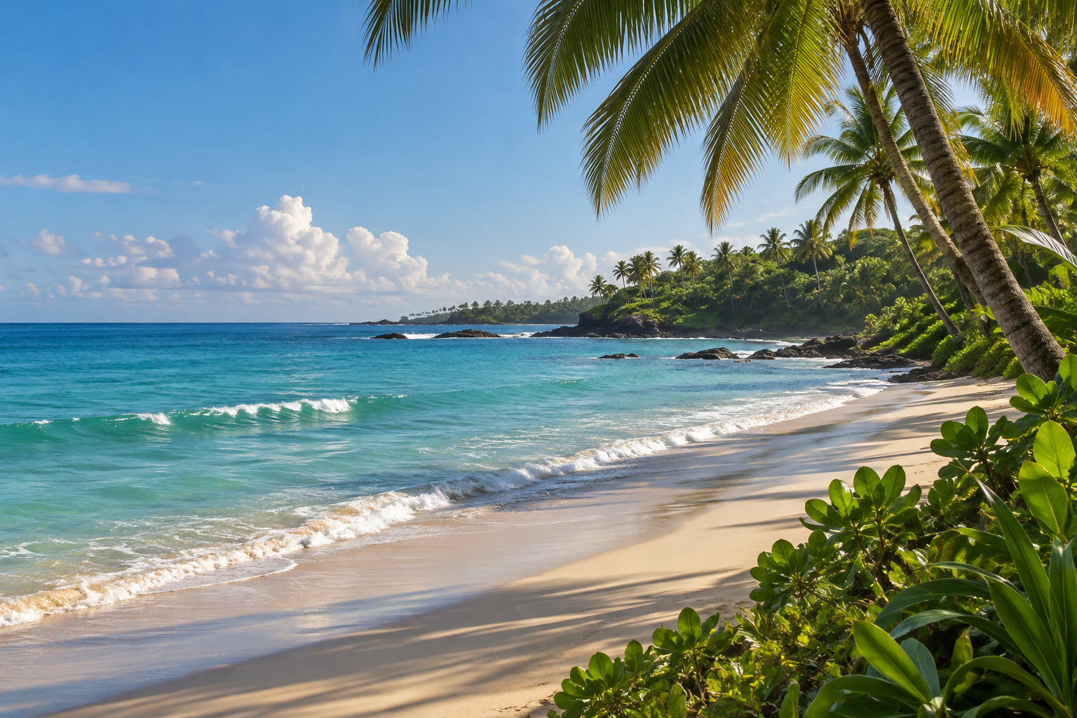 Original AI-generated illustration of a palm-lined Puerto Rican coastal scene